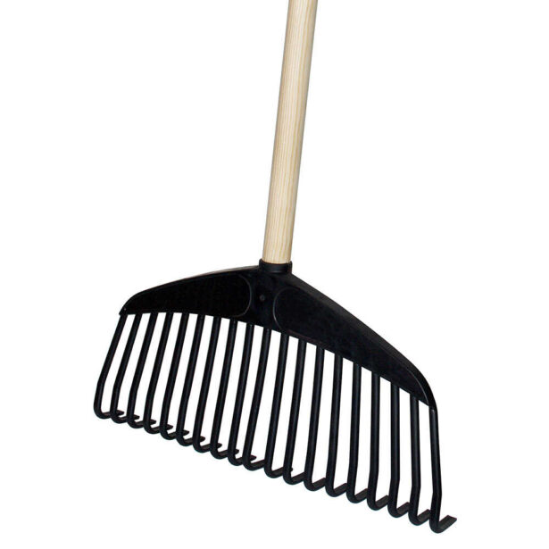 Løvrive plastik hoved med træskaft. 37 cm bred.