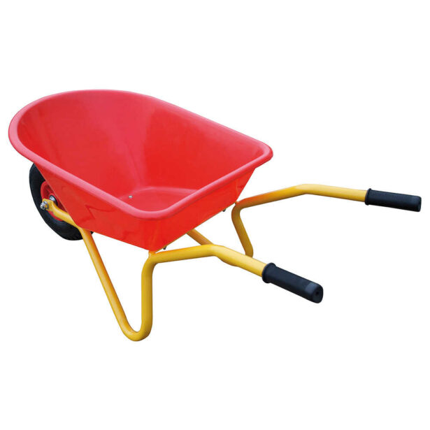 Rød junior trillebør med luftgummihjul og gult stel.