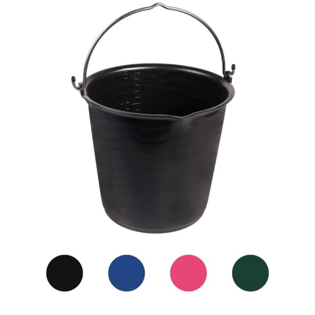 Spand 15 liter med tud sort, blå, pink og grøn